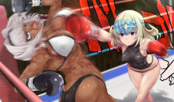 Rule 34 | 2girls, akabeko207, animal ears, ass, battle, bikini, bikini top only, blonde hair, blood, blue eyes, boxing, boxing ring, breasts, bruise, bruise on face, butt crack, caenis (fate), dark-skinned female, dark skin, diadem, face punch, fate/grand order, fate (series), fighting, gloves, hair intakes, hairband, halterneck, highres, in the face, injury, large breasts, medium hair, mouth guard, multiple girls, pollux (fate), punching, ryona, swimsuit