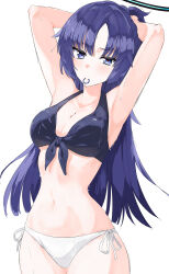 Rule 34 | 1girl, absurdres, adjusting hair, armpits, arms up, bikini, blue archive, breasts, cleavage, collarbone, hair tie, hair tie in mouth, halo, highres, isocha, large breasts, long hair, looking at viewer, mouth hold, navel, ponytail, purple eyes, purple hair, side-tie bikini bottom, simple background, solo, standing, stomach, swimsuit, tying hair, white background, yuuka (blue archive)