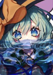 Rule 34 | 1girl, black hat, blue eyes, bow, commentary request, crying, crying with eyes open, green hair, hat, hat bow, highres, komeiji koishi, kyouda suzuka, long hair, looking at viewer, partially submerged, portrait, shirt, solo, sparkle, tears, touhou, white background, yellow bow, yellow shirt