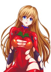 Rule 34 | 1girl, absurdres, bacillus, blue eyes, bodysuit, breasts, brown hair, curvy, evangelion: 3.0+1.0 thrice upon a time, hair down, hair ornament, highres, interface headset, long hair, looking at viewer, medium breasts, neon genesis evangelion, open mouth, plugsuit, rebuild of evangelion, red bodysuit, shiny clothes, simple background, skin tight, solo, souryuu asuka langley, torn bodysuit, torn clothes, very long hair, white background
