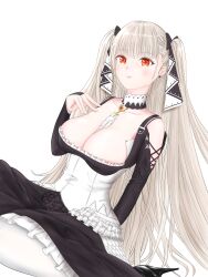 Rule 34 | 1girl, ?, absurdres, azur lane, bare shoulders, between breasts, black dress, black ribbon, blush, bow, breasts, choker, cleavage, closed mouth, collarbone, detached collar, detached sleeves, dress, earrings, formidable (azur lane), frilled dress, frills, gothic lolita, grey hair, hair ribbon, hexagram, high heels, highres, jewelry, kazu (pixiv 31811985), large breasts, lolita fashion, long hair, looking at viewer, pantyhose, parted lips, red eyes, ribbon, sidelocks, simple background, sitting, smile, solo, twintails, two-tone dress, very long hair, white background, white pantyhose