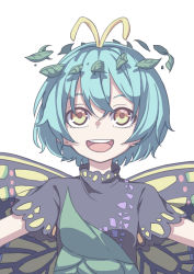 Rule 34 | 1girl, absurdres, antennae, aqua hair, butterfly wings, dress, eternity larva, fairy, green dress, hair between eyes, highres, insect wings, kame (kamepan44231), leaf, leaf on head, multicolored clothes, multicolored dress, one-hour drawing challenge, open mouth, outstretched arms, round teeth, short hair, short sleeves, simple background, single strap, smile, solo, spread arms, teeth, touhou, upper body, upper teeth only, white background, wings, yellow eyes