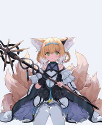 Rule 34 | 1girl, animal ear fluff, animal ears, arknights, bare shoulders, black gloves, blonde hair, blue hairband, blue skirt, braided hair rings, commentary request, eyebrows hidden by hair, feet out of frame, frilled skirt, frills, fujimaki nora, gloves, green eyes, grey background, hair between eyes, hairband, highres, holding, holding staff, infection monitor (arknights), looking at viewer, multicolored hair, multiple tails, pantyhose, parted lips, pleated skirt, sidelocks, simple background, single glove, sitting, skirt, solo, staff, suzuran (arknights), tail, two-tone hair, white hair, white pantyhose