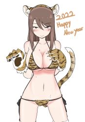 Rule 34 | 1girl, 2022, alternate headwear, animal ears, animal hands, animal print, bikini, blush, breasts, brown hair, chinese zodiac, claw pose, cleavage, closed mouth, commentary, english text, fake animal ears, fake tail, girls und panzer, gloves, guropara, half-closed eyes, halterneck, hand on own chest, happy new year, large breasts, long hair, looking at viewer, mika (girls und panzer), navel, new year, orange gloves, paw gloves, print gloves, side-tie bikini bottom, simple background, smile, solo, standing, string bikini, sweat, swimsuit, tail, thighhighs, tiger ears, tiger print, tiger tail, upper body, white background, year of the tiger
