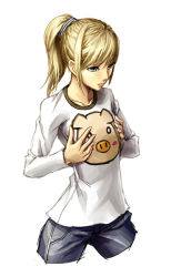 Rule 34 | 1girl, blonde hair, end of eternity, female focus, pig, reanbell, shirt, simple background, solo, white background