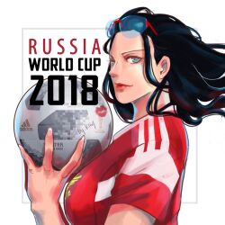 Rule 34 | 1girl, 2018, 2018 fifa world cup, alternate costume, artist name, ball, black hair, blue eyes, closed mouth, english text, eyewear on head, holding, holding ball, k164, lipstick mark, long hair, looking at viewer, nico robin, one piece, russia, shirt, short sleeves, smile, soccer, soccer ball, soccer uniform, solo, sportswear, sunglasses, world cup