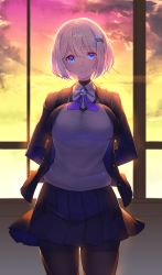 Rule 34 | 1girl, black pantyhose, blazer, blonde hair, blue eyes, blue skirt, bob cut, breasts, classroom, closed mouth, cowboy shot, evening, glint, hair between eyes, hair ornament, highres, indoors, jacket, large breasts, lens flare, light smile, looking at viewer, open clothes, open jacket, original, pantyhose, pleated skirt, school, school uniform, short hair, skirt, smile, solo, sweater, takamine nadare, tareme, thighs