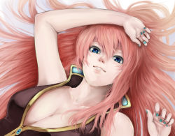 Rule 34 | 1girl, aqua nails, arm up, bare arms, bare shoulders, blue eyes, breasts, cleavage, collarbone, female focus, from above, gradient background, grin, hair between eyes, hand up, large breasts, lips, long hair, lying, megurine luka, nail polish, neck, on back, open clothes, parted lips, pink hair, retsuna, smile, solo, teeth, upper body, vocaloid
