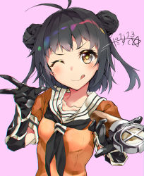 Rule 34 | 1girl, absurdres, ahoge, antenna hair, artist name, black hair, blush, brown eyes, dated, double bun, highres, kantai collection, naka (kancolle), narumiya (empty cafe), one eye closed, pink background, short hair, signature, simple background, smile, solo, tongue, tongue out