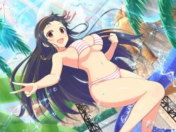 Rule 34 | 1girl, armpits, ayame (senran kagura), bikini, black hair, blush, breasts, bush, cleavage, clenched hand, cliff, day, elephant statue, groin, hair ribbon, highres, large breasts, lens flare, light particles, linea alba, long hair, looking at viewer, midair, navel, official art, open mouth, palm leaf, pink bikini, pink ribbon, pink stripes, plant, red eyes, ribbon, senran kagura, senran kagura new link, senran kagura new wave, shiny skin, sideboob, sidelocks, skylight, smile, solo, sparkle, splashing, statue, steel beam, stomach, striped bikini, striped clothes, sunlight, swimsuit, tongue, underboob, v, very long hair, water, water drop, water slide, waterpark, yaegashi nan