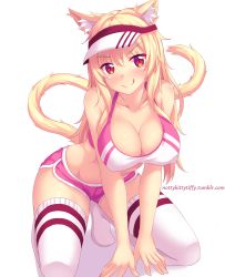 Rule 34 | &gt;:), 1girl, :q, animal ear fluff, animal ears, artist self-insert, bare shoulders, blonde hair, blush, breasts, cat ears, cat tail, cleavage, collarbone, covered erect nipples, highres, large breasts, long hair, looking at viewer, no shoes, nottytiffy, original, red eyes, short shorts, shorts, simple background, sleeveless, slit pupils, smile, solo, sportswear, tail, tank top, thighhighs, tiffy (nottytiffy), tongue, tongue out, visor cap, white background, white thighhighs