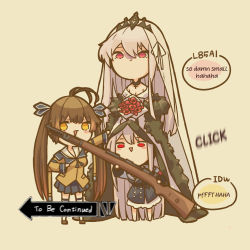 Rule 34 | 28 (282teeth), 3girls, absurdres, alternate language, bad id, bad pixiv id, bolt action, breasts, brown hair, dress, english text, girls&#039; frontline, gun, highres, kar98k (girls&#039; frontline), kar98k (purity in vermilion) (girls&#039; frontline), long hair, m14 (girls&#039; frontline), mauser 98, multiple girls, official alternate costume, orange eyes, red eyes, rifle, to be continued, twintails, very long hair, weapon, wedding dress, white hair
