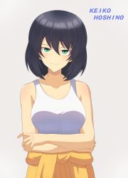 Rule 34 | 1girl, absurdres, bob cut, brown hair, character name, closed mouth, clothes around waist, commentary, crossed arms, dark-skinned female, dark skin, girls und panzer, green eyes, grey background, half-closed eyes, highres, hoshino (girls und panzer), iteza (flapper girl 25), jumpsuit, looking at viewer, mechanic, orange jumpsuit, shirt, short hair, smile, solo, tank top, uniform, white shirt