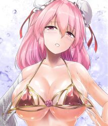 Rule 34 | 1girl, bandaged arm, bandages, bikini, bikini pull, blush, breasts, bun cover, cleavage, clothes pull, collarbone, commentary, double bun, flower, hair between eyes, hair bun, hat, ibaraki kasen, large breasts, looking at viewer, medium hair, mob cap, open mouth, pink eyes, pink flower, pink hair, pulling own clothes, red bikini, short hair, solo, swimsuit, touhou, y2