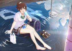 Rule 34 | 1girl, absurdres, bag, barefoot, bow, bowtie, brown eyes, brown hair, feet, food, highres, legs, long hair, original, ponytail, popsicle, puddle, reflection, school uniform, shoes, unworn shoes, sitting, skirt, smile, solo, water