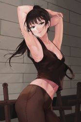 Rule 34 | 1girl, absurdres, armpits, arms behind head, arms up, black bra, black eyes, black hair, black tank top, bra, breasts, character request, cleavage, commentary request, copyright request, curvy, hands on own arms, highres, indoors, looking at viewer, malko sonbadak saseum, messy hair, midriff, navel, pants, ponytail, small breasts, stomach, sweat, tank top, turning head, underwear, wall