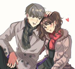 Rule 34 | 1boy, 1girl, blush, brown hair, grey hair, hand on another&#039;s head, hand on another&#039;s waist, heart, highres, jju 5 on, kujikawa rise, looking at viewer, narukami yuu, persona, persona 4, persona 4 the golden, red scarf, scarf, simple background, sitting, white background, winter clothes