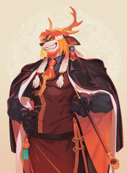 Rule 34 | 1boy, animal ears, arknights, bara, black coat, black gloves, chinese clothes, coat, colored sclera, commentary, dragon boy, dragon ears, dragon horns, earrings, english commentary, facial hair, fangs, furry, furry male, gloves, goatee, holding, holding smoking pipe, horns, jewelry, looking at viewer, male focus, neilos, orange eyes, smile, smoking pipe, tassel, tassel earrings, wei yenwu (arknights), yellow sclera