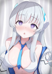 Rule 34 | 1girl, absurdres, archi (aruki), bare shoulders, bikini, blue archive, blue necktie, blush, breasts, commentary request, detached collar, grey hair, heart, heart-shaped pupils, highres, hypnosis, jacket, large breasts, long hair, looking ahead, mind control, navel, necktie, noa (blue archive), off shoulder, open mouth, purple eyes, saliva, sidelocks, solo, swimsuit, symbol-shaped pupils, upper body, white bikini, white jacket
