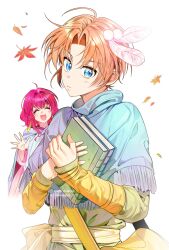 Rule 34 | 1boy, 1girl, :d, ahdqkd 112, akatsuki no yona, autumn leaves, bag, blue capelet, blue eyes, book, brown hair, capelet, earrings, feather hair ornament, feathers, hair ornament, hand up, handbag, highres, holding, holding book, instagram username, jewelry, long sleeves, looking at viewer, open mouth, pink hair, short hair, smile, standing, twitter username, watermark, white background, yona (akatsuki no yona), yoon (akatsuki no yona)