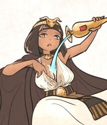 Rule 34 | 1girl, belt, breasts, brown eyes, brown hair, cleavage, cleopatra, dark-skinned female, dark skin, dress, egyptian, egyptian clothes, holding vase, ironlily, large breasts, long hair, original, pouring, pouring onto self, solo, tiara, very long hair, water, wet, wet clothes, white dress
