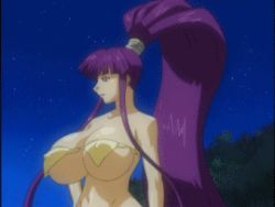 Rule 34 | 00s, 1girl, animated, animated gif, big hair, bouncing breasts, breasts, eiken, covered erect nipples, gigantic breasts, hand on own hip, hip focus, long hair, lowres, misono kirika, navel, open mouth, ponytail, purple hair, solo, twintails, unaligned breasts, very long hair