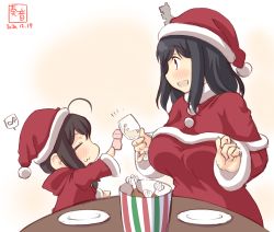 Rule 34 | 2girls, :3, aged down, ahoge, alternate costume, artist logo, black hair, bottle, bucket of chicken, capelet, child, christmas, closed eyes, commentary request, cup, dated, drinking glass, eighth note, food, fried chicken, fur-trimmed capelet, fur-trimmed headwear, fur trim, hair ornament, hat, highres, holding, holding bottle, holding cup, hood, hoodie, kanon (kurogane knights), kantai collection, light blush, long sleeves, multiple girls, musical note, open mouth, plate, red capelet, red eyes, red headwear, red hoodie, red shirt, santa costume, santa hat, shigure (kancolle), shirt, short hair, smile, speech bubble, spoken musical note, wine glass, yakult, yamashiro (kancolle)