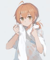 Rule 34 | 10s, 1girl, absurdres, ahoge, brown eyes, brown hair, closed mouth, commentary request, grey background, grey shirt, hagi (ame hagi), hair between eyes, hands up, highres, holding, holding towel, koito yuu, long hair, looking at viewer, low ponytail, ponytail, see-through, shirt, simple background, sketch, solo, towel, towel around neck, upper body, wet, wet clothes, wet shirt, yagate kimi ni naru