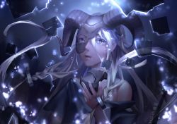Rule 34 | 1girl, bad id, bad pixiv id, bare shoulders, blue eyes, braid, broken mask, canzhajiang, crying, crying with eyes open, floating hair, horns, ia (vocaloid), light particles, long hair, looking at viewer, mask, new year, parted lips, sheep horns, silver hair, solo, tears, twin braids, very long hair, vocaloid