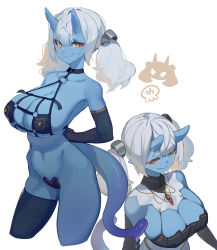 Rule 34 | 1girl, arms behind back, bikini, bikini top only, black gloves, black thighhighs, blue skin, breasts, cleavage, closed mouth, colored skin, cropped legs, elbow gloves, gloves, heart maebari, highres, horns, large breasts, looking at viewer, looking away, maebari, medium hair, multiple views, o-ring, o-ring top, original, revealing clothes, short twintails, single thighhigh, swimsuit, tail, thighhighs, twintails, virgosdf, white background, white hair, yellow eyes