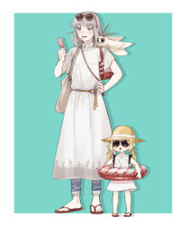 Rule 34 | 1boy, 1girl, :o, aged down, alternate costume, animal, animal on shoulder, aqua background, artoria caster (fate), artoria caster (first ascension) (fate), artoria pendragon (fate), bag, blanca (fate), blonde hair, blue eyes, blue pants, border, bug, dress, eyewear on head, fate/grand order, fate (series), flip-flops, full body, grey hair, hand fan, hand on own hip, handheld electric fan, hat, holding, holding fan, holding swim ring, hot, innertube, insect, low twintails, m t 1, medium hair, moth, oberon (fate), open mouth, outside border, pants, pants rolled up, red innertube, robe, rope belt, sandals, short sleeves, shoulder bag, simple background, sleeveless, sleeveless dress, sparkle, standing, sun hat, sunglasses, sweat, swim ring, teeth, twintails, upper teeth only, white border, white dress, white robe