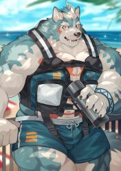 Rule 34 | 1boy, absurdres, against railing, animal ears, bara, beach, blue shorts, claws, commentary, dog boy, dog ears, fangs, flask, furry, furry male, highres, holding, holding flask, life vest, looking at viewer, male focus, muscular, muscular male, navel, ocean, oguchi magami, open mouth, pectoral cleavage, pectorals, railing, shorts, smile, swimsuit, symbol-only commentary, tokyo houkago summoners, yed (yedsilent)