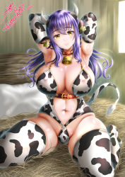 Rule 34 | 1girl, animal ears, animal print, arms behind head, bell, breasts, chinese zodiac, choker, cow ears, cow girl, cow horns, cow print, cow print bikini, cow tail, cowbell, elbow gloves, full body, gloves, highres, horns, huge breasts, kasugano tobari, long hair, looking at viewer, neck bell, original, print bikini, purple hair, shiny skin, signature, solo, tag, tail, thighhighs, year of the ox