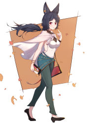 Rule 34 | 1girl, animal ears, bag, bangle, black footwear, black hair, blush, bracelet, breasts, cape, closed mouth, commentary request, denim, erune, full body, ginkgo leaf, granblue fantasy, green pants, high heels, highres, holding, ilsa (granblue fantasy), jeans, jewelry, leaf, long hair, low ponytail, medium breasts, pants, parted bangs, ponytail, red eyes, shirt, shoes, shoulder bag, smile, solo, uneg, white cape, white shirt