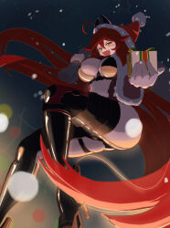 Rule 34 | 1girl, :d, absurdres, ahoge, ass, black footwear, black jacket, black pants, blush, boots, box, breasts, christmas, cleavage, commentary request, cropped jacket, cure barlow, fang, floating, floating hair, fur-trimmed jacket, fur trim, gift, gift box, goddess of victory: nikke, hair between eyes, hat, high heel boots, high heels, highres, hip vent, holding, holding gift, holding sack, horns, horns through headwear, jacket, knee boots, large breasts, leather, leather jacket, leather pants, long hair, long sleeves, looking at viewer, mechanical horns, night, no gloves, open clothes, open jacket, open mouth, pants, red hair, red hood (nikke), red jacket, red scarf, sack, santa hat, scarf, sidelocks, skin fang, skindentation, smile, snowing, solo, stomach, suspenders, very long hair, yellow eyes
