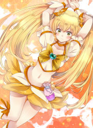 Rule 34 | 10s, 1girl, blonde hair, blush, brooch, choker, collarbone, cure sunshine, hair ribbon, heart, heart brooch, heartcatch precure!, highres, long hair, looking at viewer, magical girl, midriff, mihara youzora, myoudouin itsuki, navel, precure, ribbon, skirt, smile, solo, twintails, wrist cuffs, yellow eyes, yellow skirt