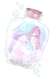 Rule 34 | 1girl, air bubble, bare shoulders, bottle, braid, brown hair, bubble, closed eyes, collarbone, full body, highres, in container, kotono n0, long hair, mermaid, monster girl, original, seashell, shell, shell bikini, signature, simple background, solo, submerged, underwater, white background