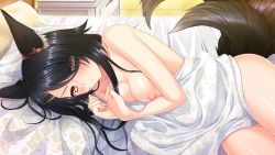 Rule 34 | 1girl, animal ears, bed sheet, black hair, blush, breasts, closed mouth, collarbone, daria kirdyapkina, eyes visible through hair, fox ears, fox tail, game cg, hair ornament, hair over one eye, hairclip, indoors, long hair, lying, medium breasts, muutsuki, nipples, nude, official art, on side, shiny skin, solo, tail, under covers, unjou no fairy tale, yellow eyes