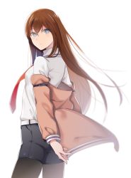Rule 34 | 1girl, belt, black pantyhose, black shorts, blurry, breasts, brown hair, brown jacket, collared shirt, cowboy shot, depth of field, grey eyes, hair between eyes, jacket, pantyhose under shorts, long hair, long sleeves, looking back, makise kurisu, namari, necktie, off shoulder, pantyhose, parted lips, red necktie, shirt, short shorts, shorts, simple background, small breasts, solo, steins;gate, straight hair, white background, white shirt, wind