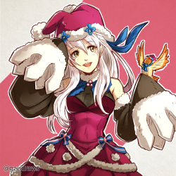 Rule 34 | 1girl, :d, adapted costume, animal on arm, bare shoulders, bird, bird on arm, cosplay, detached sleeves, dress, fire emblem, fire emblem: radiant dawn, fire emblem heroes, fur trim, grey hair, gzei, hair between eyes, hair ribbon, half updo, hat, highres, long hair, long sleeves, looking to the side, micaiah (fire emblem), mirabilis (fire emblem), mirabilis (fire emblem) (cosplay), nightcap, nintendo, open mouth, pom pom (clothes), purple dress, purple hat, ribbon, simple background, sleeveless, sleeveless dress, sleeves past fingers, sleeves past wrists, smile, solo, turtleneck, turtleneck dress, twitter username, two-tone background, upper body, yellow eyes, yune (fire emblem)