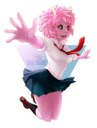 Rule 34 | 10s, 1girl, absurdres, artist name, ashido mina, black sclera, boku no hero academia, colored sclera, colored skin, highres, horns, necktie, open mouth, pink hair, pink skin, pleated skirt, red necktie, rose-92, shirt, short hair, simple background, skirt, smile, solo, white background, white shirt, yellow eyes
