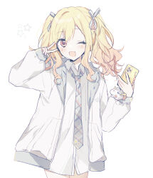 Rule 34 | 1girl, blonde hair, collared shirt, commentary, cowboy shot, gradient hair, hair ribbon, highres, holding, holding phone, hood, hood down, hooded jacket, jacket, kimi to tsumugu precious memories (project sekai), long hair, long sleeves, looking at viewer, multicolored hair, necktie, one eye closed, open clothes, open jacket, open mouth, phone, pink eyes, pink hair, project sekai, qi7pi, ribbon, shirt, sidelocks, simple background, smile, solo, star (symbol), symbol-only commentary, tenma saki, twintails, v, white background, white jacket, white shirt