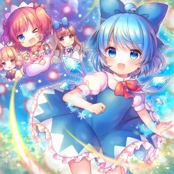 Rule 34 | 4girls, ahoge, blonde hair, blue bow, blue dress, blue eyes, blue hair, blush, bow, brown eyes, brown hair, cirno, closed mouth, coa (chroo x), commentary request, danmaku, detached wings, dress, drill hair, fairy, fairy wings, fang, hair between eyes, hair bow, hat, headdress, ice, ice wings, long hair, long sleeves, luna child, multiple girls, one eye closed, open mouth, orange hair, puffy short sleeves, puffy sleeves, shirt, short hair, short sleeves, smile, snowflakes, star sapphire, sunny milk, touhou, two side up, white dress, white headwear, white shirt, wings, yousei daisensou