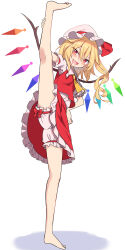 Rule 34 | 1girl, absurdres, ascot, barefoot, blonde hair, bloomers, blush, collared shirt, crystal, e.o., fang, flandre scarlet, frilled shirt collar, frilled skirt, frilled sleeves, frills, hair between eyes, hat, highres, long hair, mob cap, one side up, open mouth, red eyes, red skirt, red vest, shirt, short sleeves, simple background, skin fang, skirt, smile, solo, split, standing, standing on one leg, standing split, touhou, underwear, vest, white background, white bloomers, white hat, white shirt, wings, yellow ascot