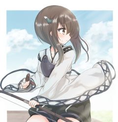 Rule 34 | 1girl, alternate color, bike shorts, blue sky, bow, bowtie, brown eyes, brown hair, cloud, commentary request, cowboy shot, gloves, headgear, highres, kantai collection, kasashi (kasasi008), muneate, pants, partially fingerless gloves, partly fingerless gloves, profile, red pants, short hair, single glove, sky, solo, taihou (kancolle), yugake