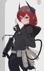 Rule 34 | 1girl, absurdres, ammunition pouch, ass, b&amp;t mp9, belt, black pants, closed mouth, contrapposto, demon tail, from behind, grey eyes, grey jacket, gun, highres, holding, holding gun, holding weapon, hood, hooded jacket, horns, jacket, long hair, long sleeves, looking at viewer, looking back, mole, mole under eye, original, pants, polilla, pouch, red hair, solo, submachine gun, tail, v, weapon, white belt