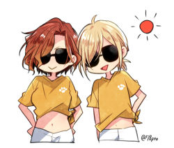 Rule 34 | 10s, 1boy, 1girl, :&gt;, bad id, bad pixiv id, blonde hair, hands on own hips, lowres, midriff, mila babicheva, naho (pi988y), navel, open mouth, paw print, ponytail, red hair, smile, sun, sunglasses, yuri!!! on ice, yuri plisetsky