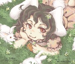 Rule 34 | 1girl, :3, animal ears, arm support, brown hair, carrot necklace, closed mouth, dress, frilled sleeves, frills, hand on own chin, inaba tewi, jewelry, looking at viewer, lowres, mcworks, medium hair, necklace, oekaki, on grass, outdoors, pink dress, puffy short sleeves, puffy sleeves, rabbit, rabbit ears, rabbit girl, rabbit tail, red eyes, short sleeves, solo, tail, touhou, white rabbit (animal)