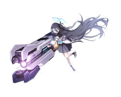 Rule 34 | 1girl, absurdly long hair, aris (blue archive), black hair, black hairband, blue archive, blue eyes, bright pupils, einheadt, full body, hairband, highres, holding, holding weapon, jacket, long hair, looking ahead, multicolored clothes, multicolored jacket, one side up, open mouth, pleated skirt, railgun, ringed eyes, serious, simple background, skirt, solo, standing, teeth, upper teeth only, very long hair, weapon, white background, white pupils