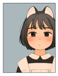 Rule 34 | 1girl, akai sashimi, animal ears, apron, black eyes, black hair, blush, border, cat ears, close-up, closed mouth, crosshatching, expressionless, eyebrows, grey background, half-closed eyes, hatching (texture), highres, linear hatching, looking at viewer, maid, maid apron, negative space, no pupils, original, short hair, simple background, solo, straight-on, swept bangs, thick eyebrows, upper body, white apron, white border